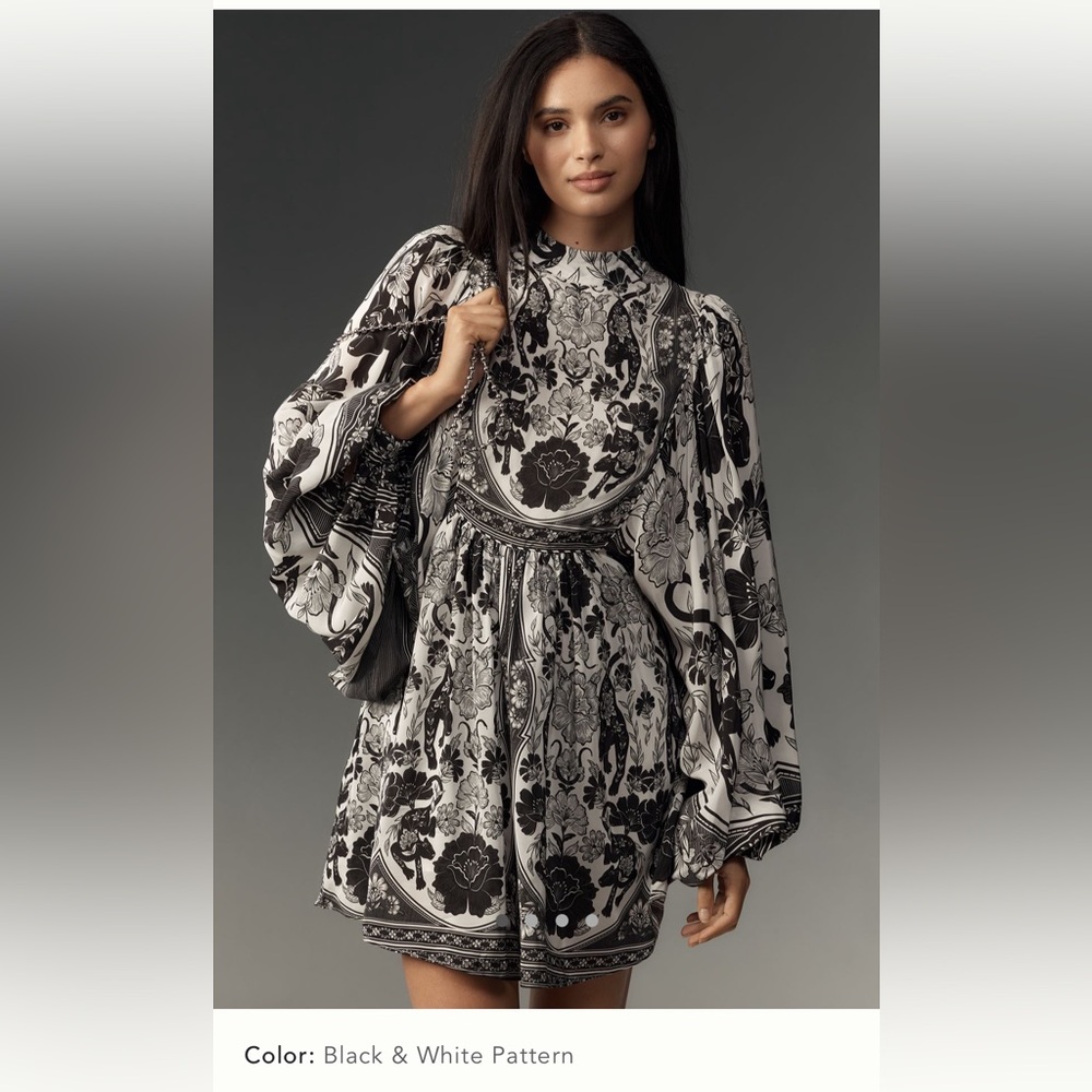FARM Rio Black and White Patterned Long Sleeve Dress